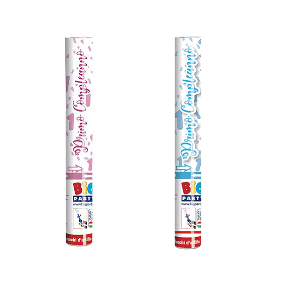 Tubo Sparacoriandoli primo Compleanno 2 colori azzurro e rosa 60cm